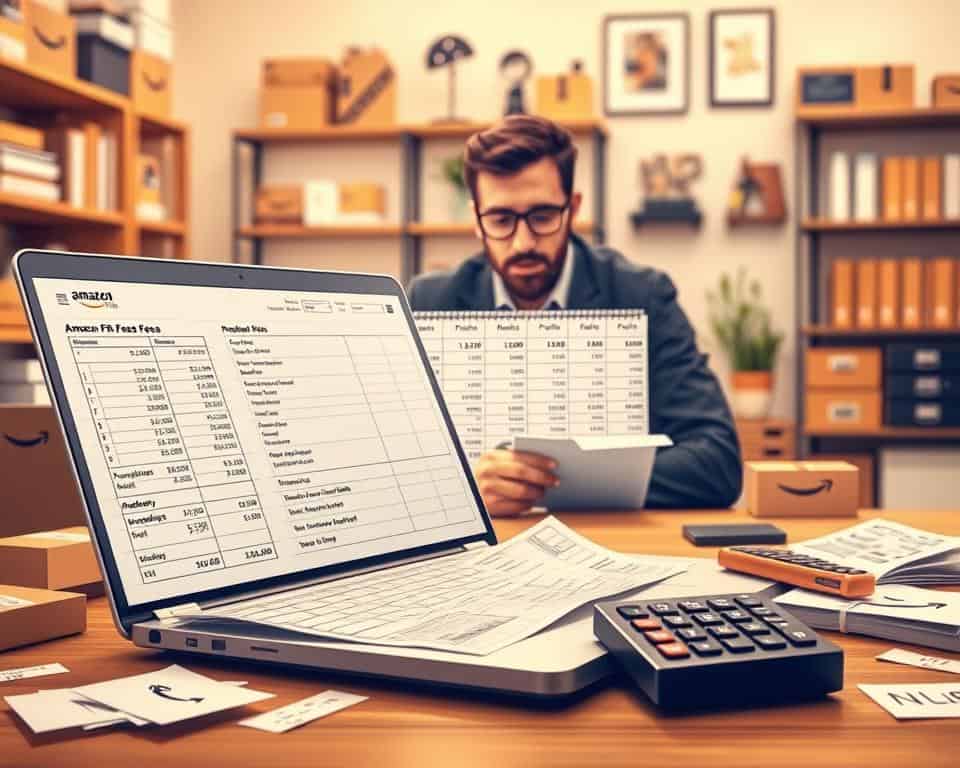 A dynamic and engaging illustration depicting "Amazon FBA fees" for UK sellers. In the foreground, visualize a detailed, open laptop displaying a spreadsheet with clear columns for costs, profits, and logistics related to Amazon FBA fees. Surrounding the laptop, scatter realistic elements like Amazon product boxes, shipping labels, and a calculator. In the middle ground, have a figurative representation of a UK retailer with a professional yet approachable appearance, dressed in business casual attire, studying the laptop's screen intently. The background should feature a softly blurred home office setting, with shelves filled with inventory and UK-themed decor. Warm, inviting lighting enhances the focus on the financial planning aspect, creating a motivated and organized atmosphere. A dynamic and engaging illustration depicting "Amazon FBA fees" for UK sellers. In the foreground, visualize a detailed, open laptop displaying a spreadsheet with clear columns for costs, profits, and logistics related to Amazon FBA fees. Surrounding the laptop, scatter realistic elements like Amazon product boxes, shipping labels, and a calculator. In the middle ground, have a figurative representation of a UK retailer with a professional yet approachable appearance, dressed in business casual attire, studying the laptop's screen intently. The background should feature a softly blurred home office setting, with shelves filled with inventory and UK-themed decor. Warm, inviting lighting enhances the focus on the financial planning aspect, creating a motivated and organized atmosphere.