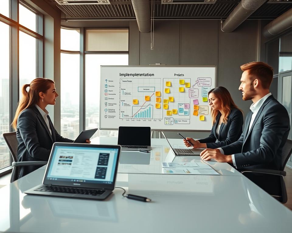 A modern office environment focused on successful software implementation strategies. In the foreground, a diverse group of three professionals, dressed in smart business attire, are collaborating around a high-tech conference table with laptops and digital tablets displaying software interface diagrams. The middle ground features a large whiteboard filled with colorful charts, diagrams, and post-it notes illustrating project timelines and implementation steps. The background showcases floor-to-ceiling windows with a city skyline view, bright natural light streaming in, creating an optimistic and productive atmosphere. The mood is collaborative and dynamic, emphasizing teamwork and innovative problem-solving, captured with soft focus and warm lighting to enhance the inviting ambiance. A modern office environment focused on successful software implementation strategies. In the foreground, a diverse group of three professionals, dressed in smart business attire, are collaborating around a high-tech conference table with laptops and digital tablets displaying software interface diagrams. The middle ground features a large whiteboard filled with colorful charts, diagrams, and post-it notes illustrating project timelines and implementation steps. The background showcases floor-to-ceiling windows with a city skyline view, bright natural light streaming in, creating an optimistic and productive atmosphere. The mood is collaborative and dynamic, emphasizing teamwork and innovative problem-solving, captured with soft focus and warm lighting to enhance the inviting ambiance.