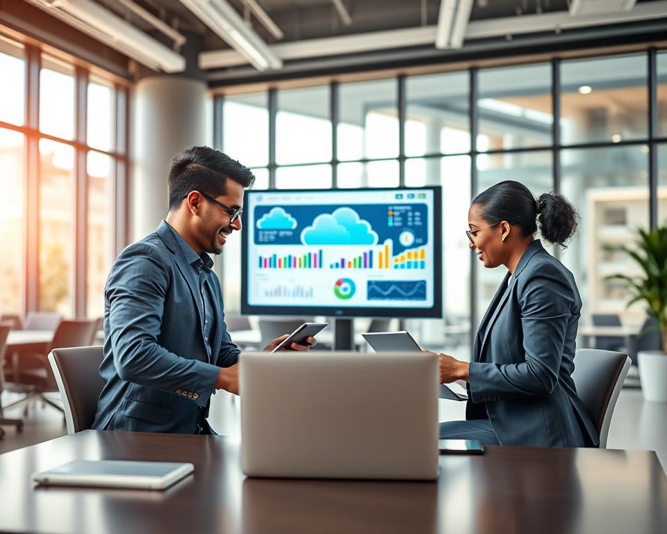 A modern office scene featuring a diverse group of professionals collaborating over laptops and digital devices, exploring cloud-based CRM software. In the foreground, a multi-ethnic team of three individuals, wearing professional business attire, enthusiastically discussing data visualizations displayed on their screens. The middle ground shows a large digital screen showcasing cloud-based interfaces with colorful graphs and charts, highlighting teamwork and productivity. The background features a sleek, contemporary office setting with large windows allowing natural light to flood in, creating a bright and positive atmosphere. Use a soft focus lens effect for a warm, inviting mood, capturing a sense of innovation and collaboration. A modern office scene featuring a diverse group of professionals collaborating over laptops and digital devices, exploring cloud-based CRM software. In the foreground, a multi-ethnic team of three individuals, wearing professional business attire, enthusiastically discussing data visualizations displayed on their screens. The middle ground shows a large digital screen showcasing cloud-based interfaces with colorful graphs and charts, highlighting teamwork and productivity. The background features a sleek, contemporary office setting with large windows allowing natural light to flood in, creating a bright and positive atmosphere. Use a soft focus lens effect for a warm, inviting mood, capturing a sense of innovation and collaboration.
